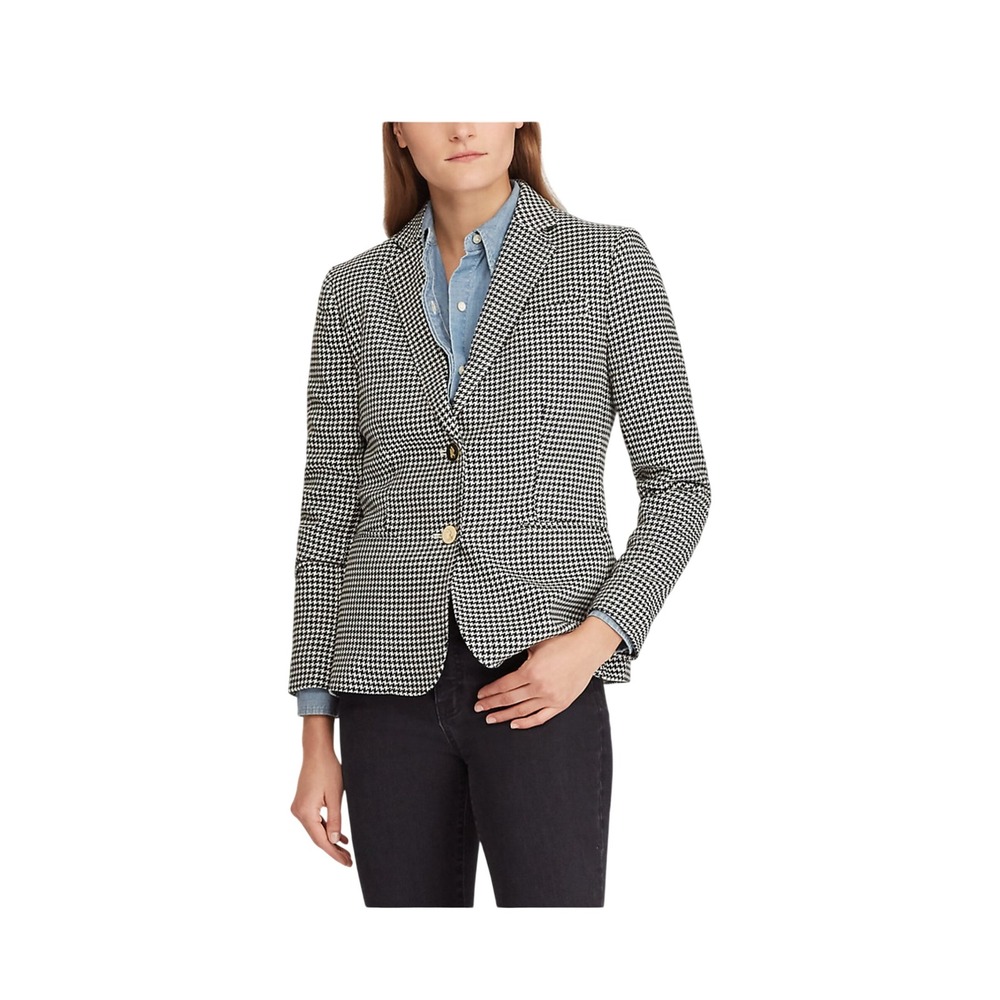 Lauren Ralph Lauren Womens Black White Houndstooth Two Button Blazer Size 10
